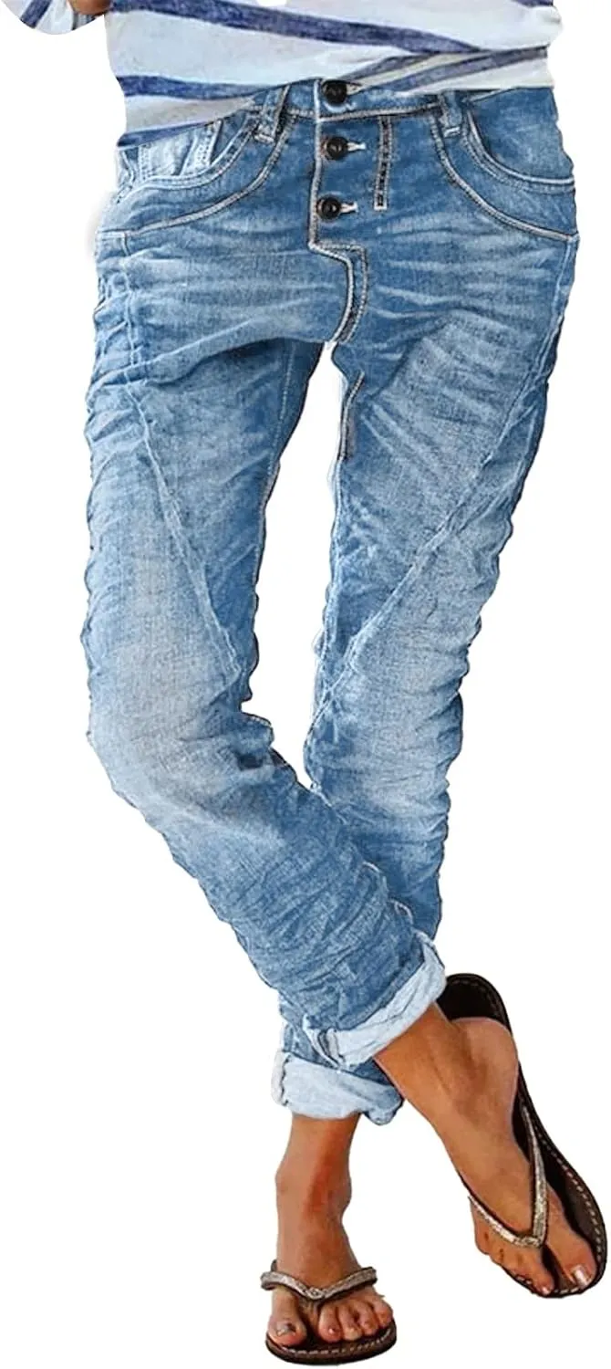 Distressed Jeans for Women Slim Straight Cuffed Crop Jeans Mid Waist Stretchy Washed Cute Boyfriend Denim Pants