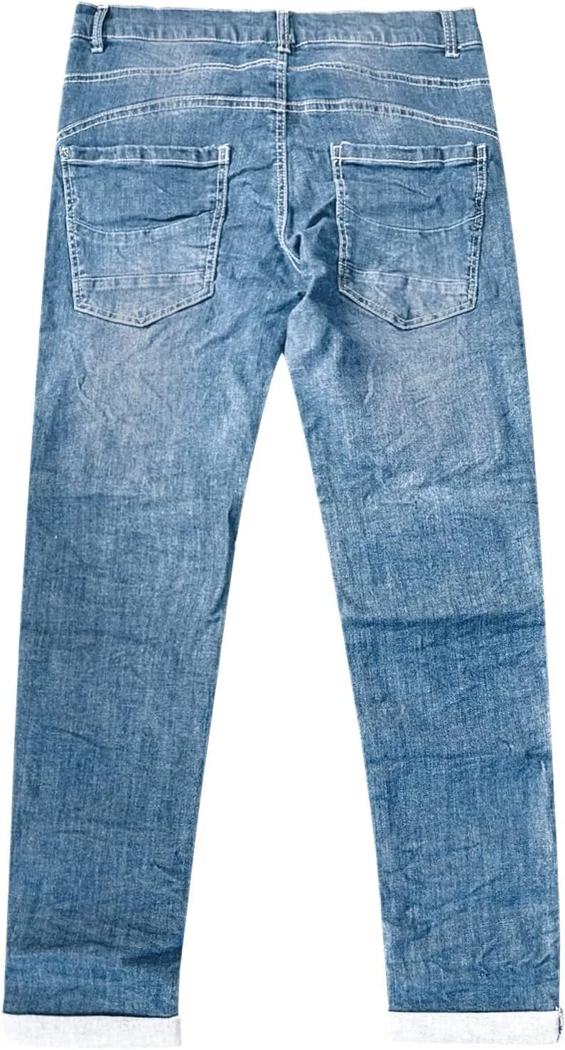 Distressed Jeans for Women Slim Straight Cuffed Crop Jeans Mid Waist Stretchy Washed Cute Boyfriend Denim Pants
