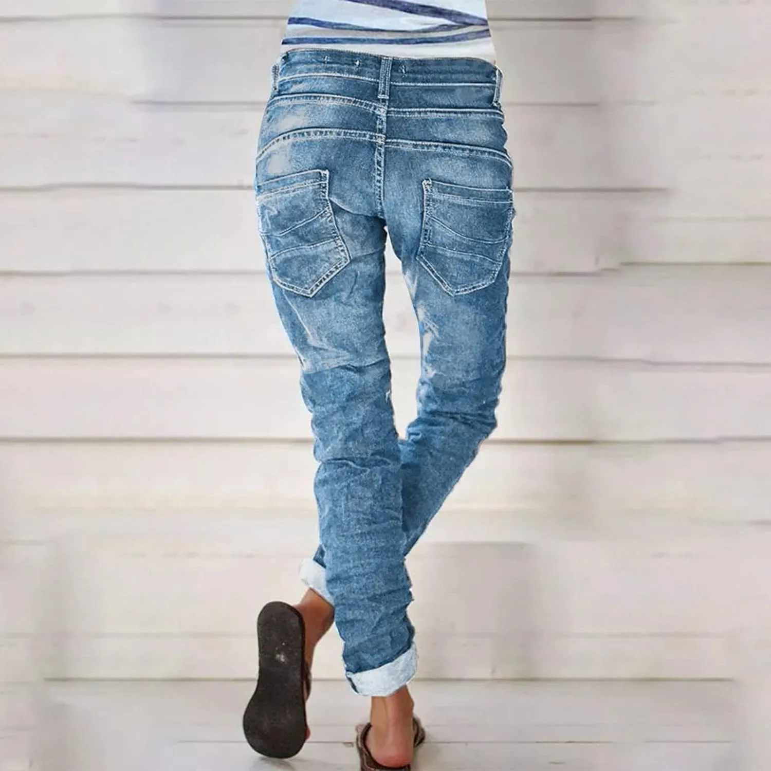 Distressed Jeans for Women Slim Straight Cuffed Crop Jeans Mid Waist Stretchy Washed Cute Boyfriend Denim Pants