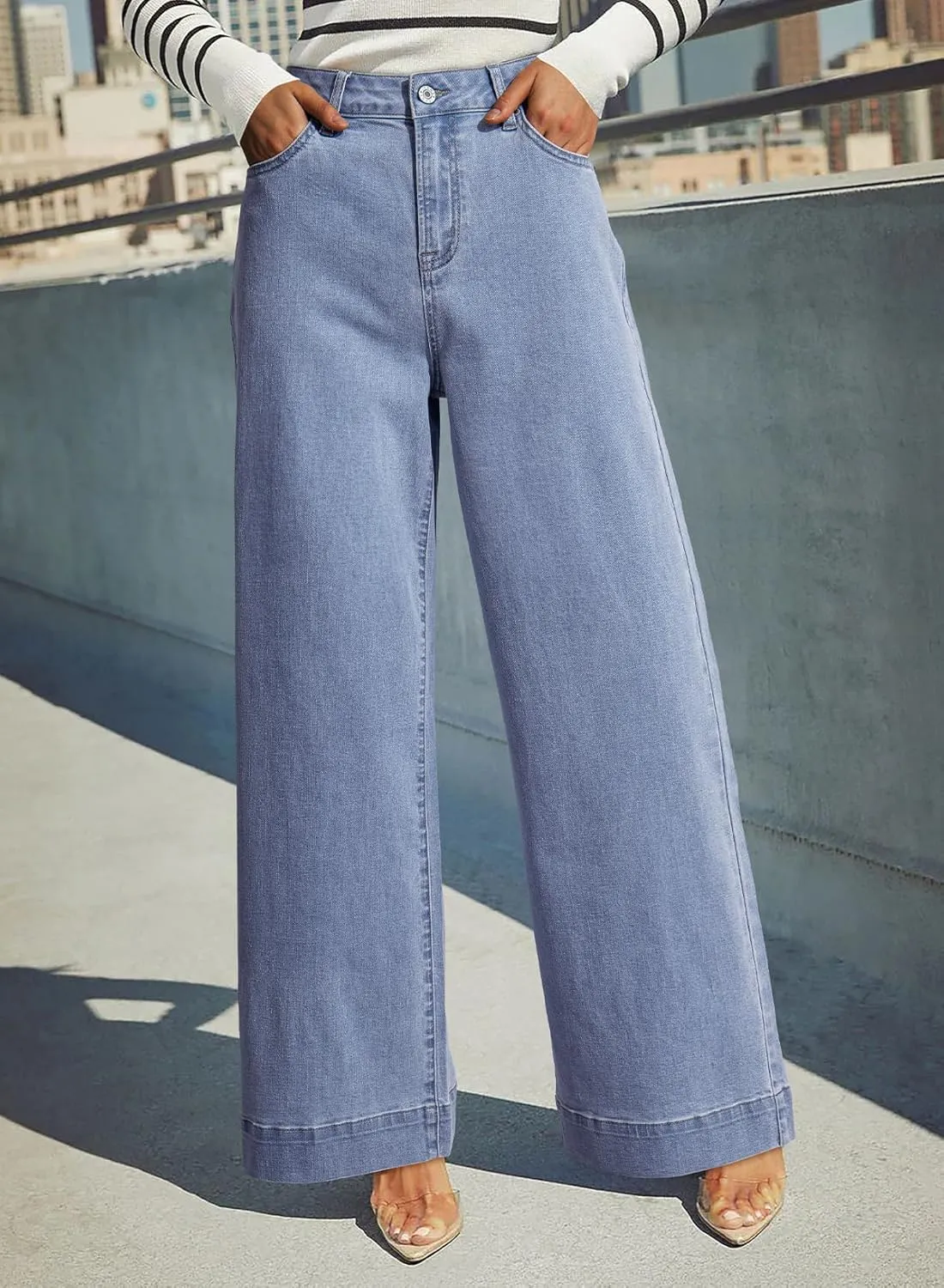 Dokotoo Women's Casual High Waisted Jeans Stretch Wide Leg Loose Denim Pants with Pockets