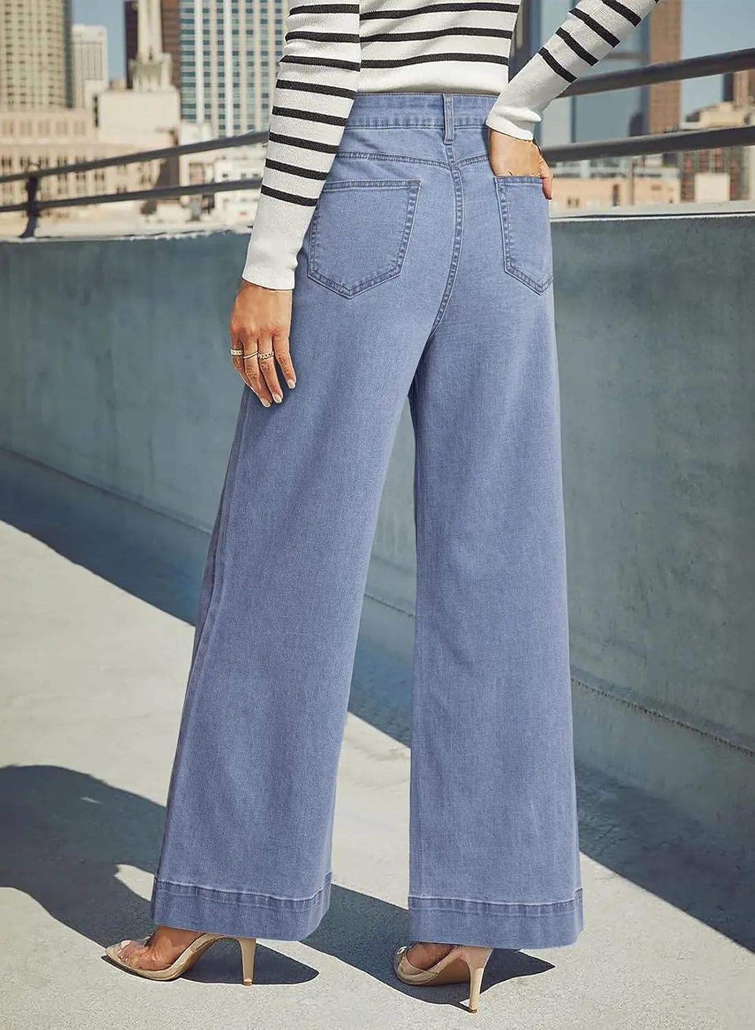 Dokotoo Women's Casual High Waisted Jeans Stretch Wide Leg Loose Denim Pants with Pockets