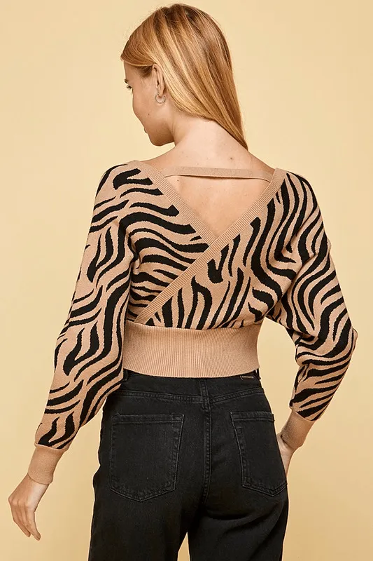 double v-neck tiger print long sleeve sweater