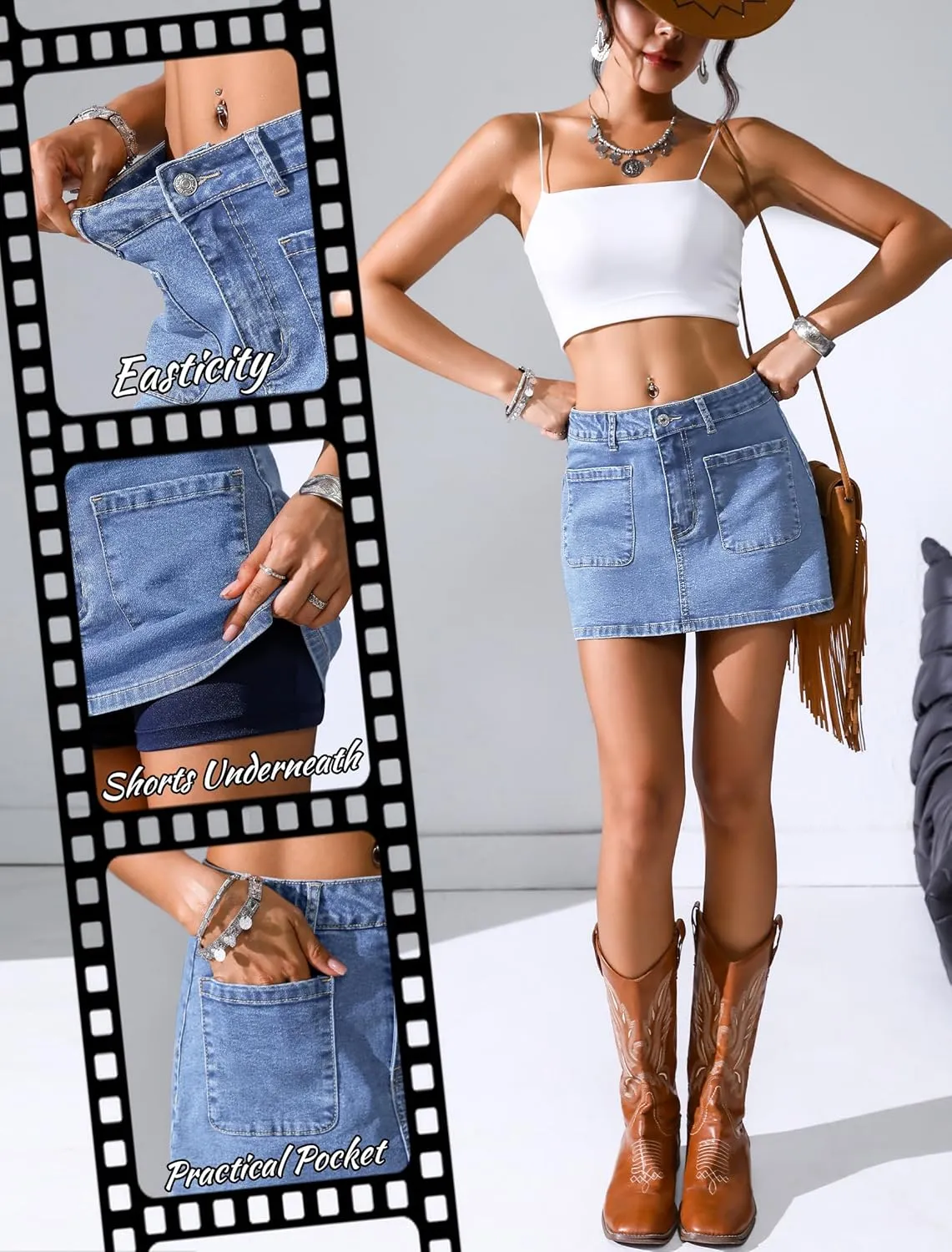 Eddoyee Jean Skorts for Woman High Waisted Stretchy Denim Skirt with Shorts Mini Skirt with Pockets