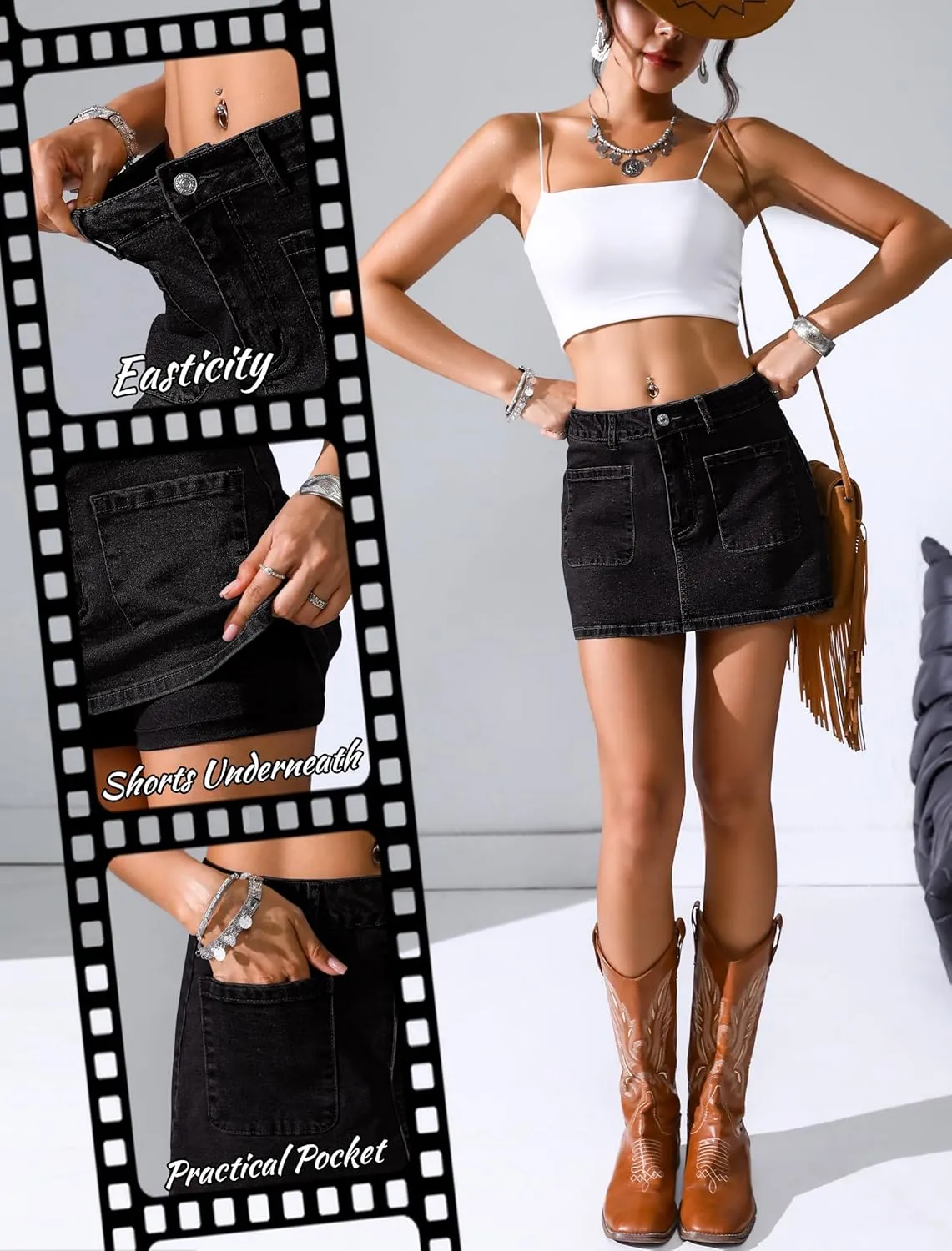 Eddoyee Jean Skorts for Woman High Waisted Stretchy Denim Skirt with Shorts Mini Skirt with Pockets