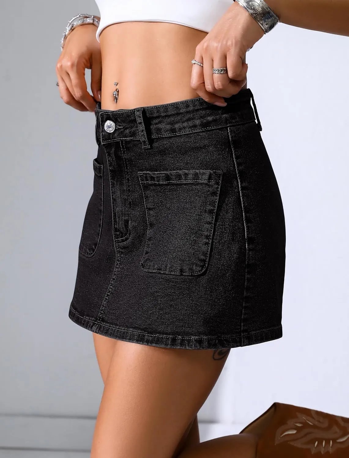 Eddoyee Jean Skorts for Woman High Waisted Stretchy Denim Skirt with Shorts Mini Skirt with Pockets