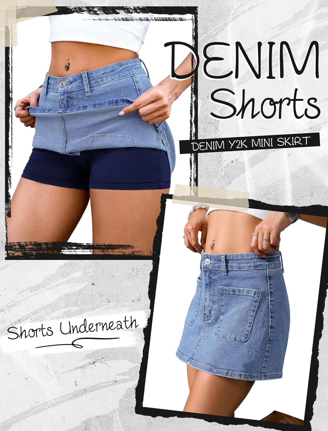 Eddoyee Jean Skorts for Woman High Waisted Stretchy Denim Skirt with Shorts Mini Skirt with Pockets