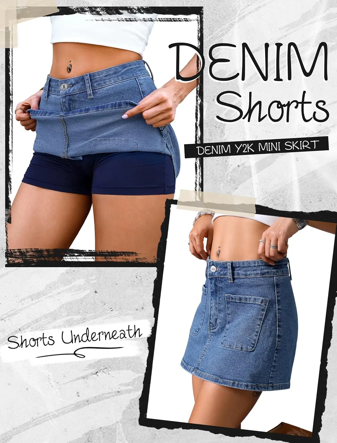 Eddoyee Jean Skorts for Woman High Waisted Stretchy Denim Skirt with Shorts Mini Skirt with Pockets