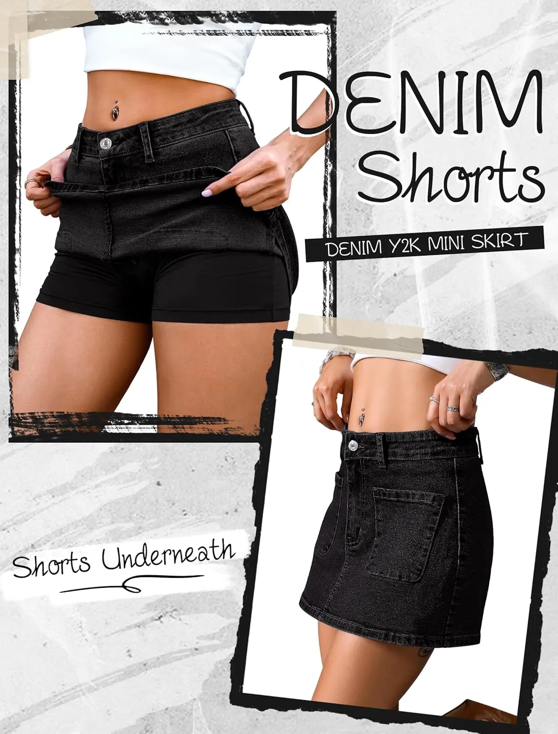 Eddoyee Jean Skorts for Woman High Waisted Stretchy Denim Skirt with Shorts Mini Skirt with Pockets