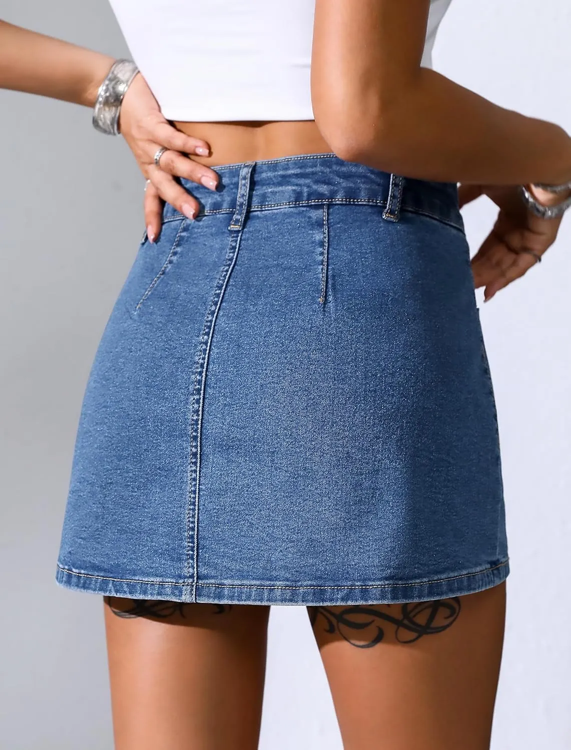 Eddoyee Jean Skorts for Woman High Waisted Stretchy Denim Skirt with Shorts Mini Skirt with Pockets