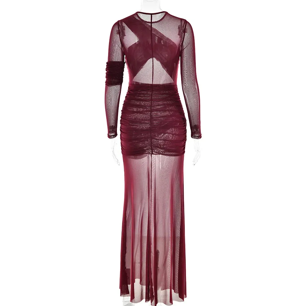 Elegant Long Sleeve Mesh Patchwork Bodycon Evening Dress