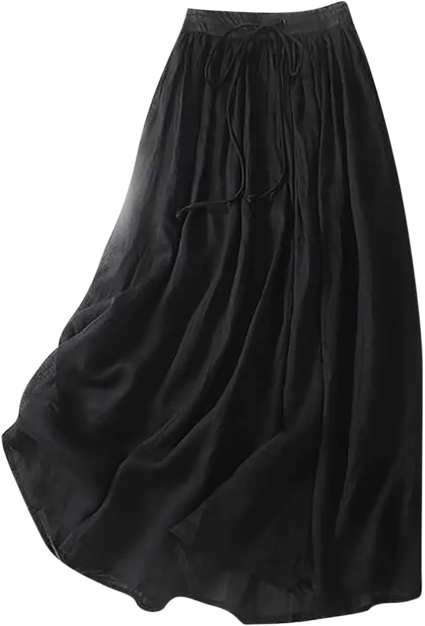 Embroidery Maxi Skirts for Women with Pockets Midi Length Long Skirt Casual Beach Party Holiday Cotton Linen Skirt