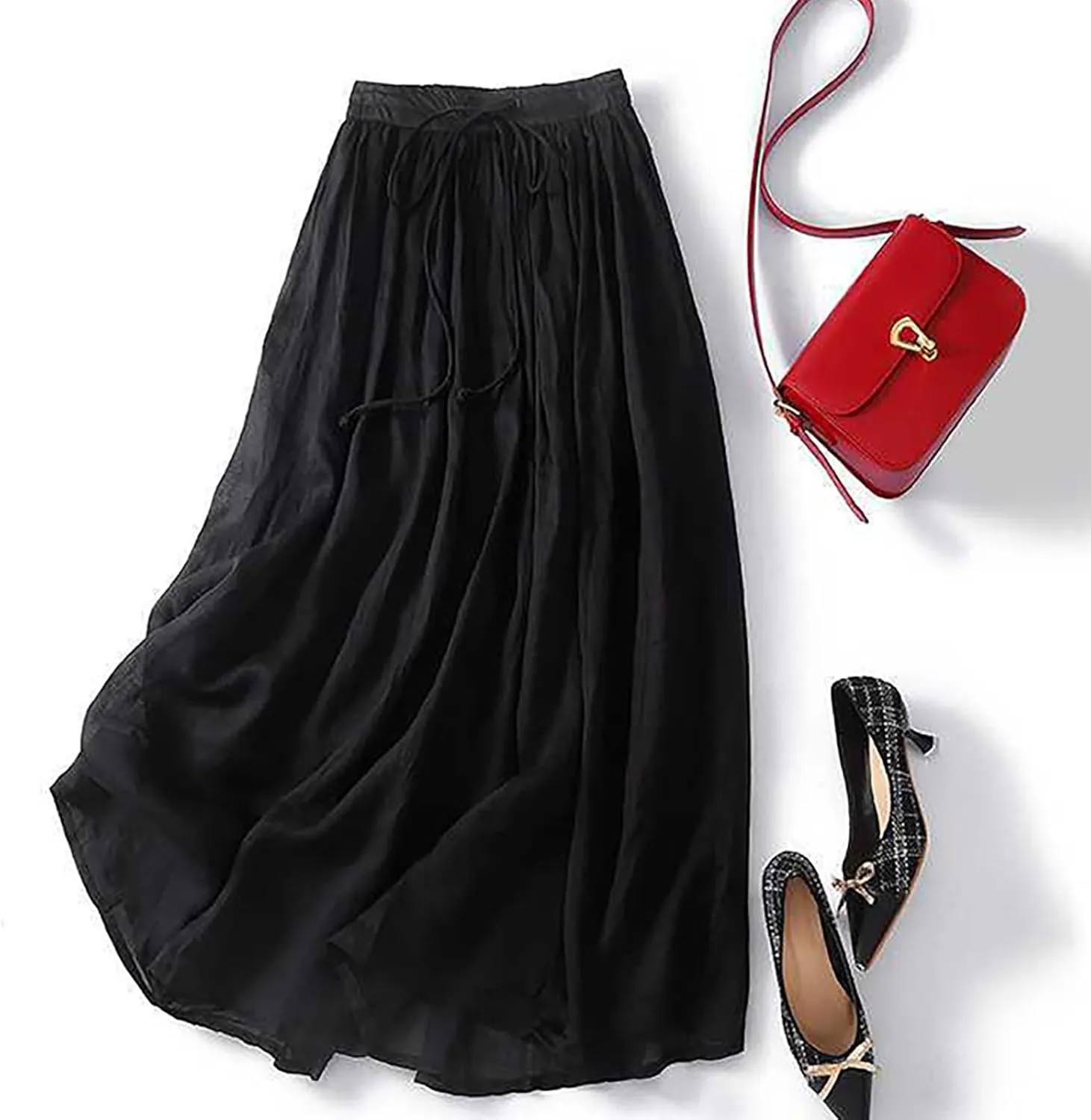 Embroidery Maxi Skirts for Women with Pockets Midi Length Long Skirt Casual Beach Party Holiday Cotton Linen Skirt