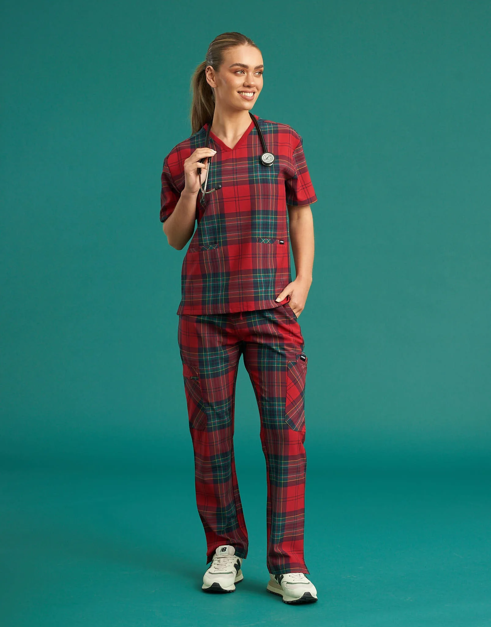 Essential Multi-Pocket Scrub Pants - Christmas Tartan