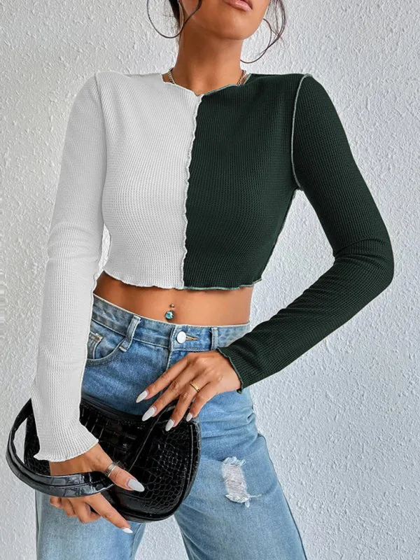 Esther Women's Casual Colorblock Waffle Shorts Long Sleeve T-Shirt