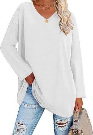 ETATNG Womens Long Sleeve V Neck T-Shirt Loose Oversized Shirts Casual Cotton Solid Pullover Blouse Tops