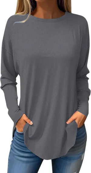Fall Tops for Women Long Sleeve Round Neck Shirts Basic Tee Casual Top Fall Trendy Tunic Outfits Fitted T Shirts