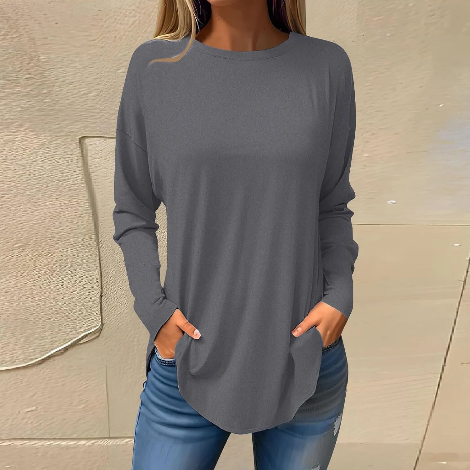 Fall Tops for Women Long Sleeve Round Neck Shirts Basic Tee Casual Top Fall Trendy Tunic Outfits Fitted T Shirts