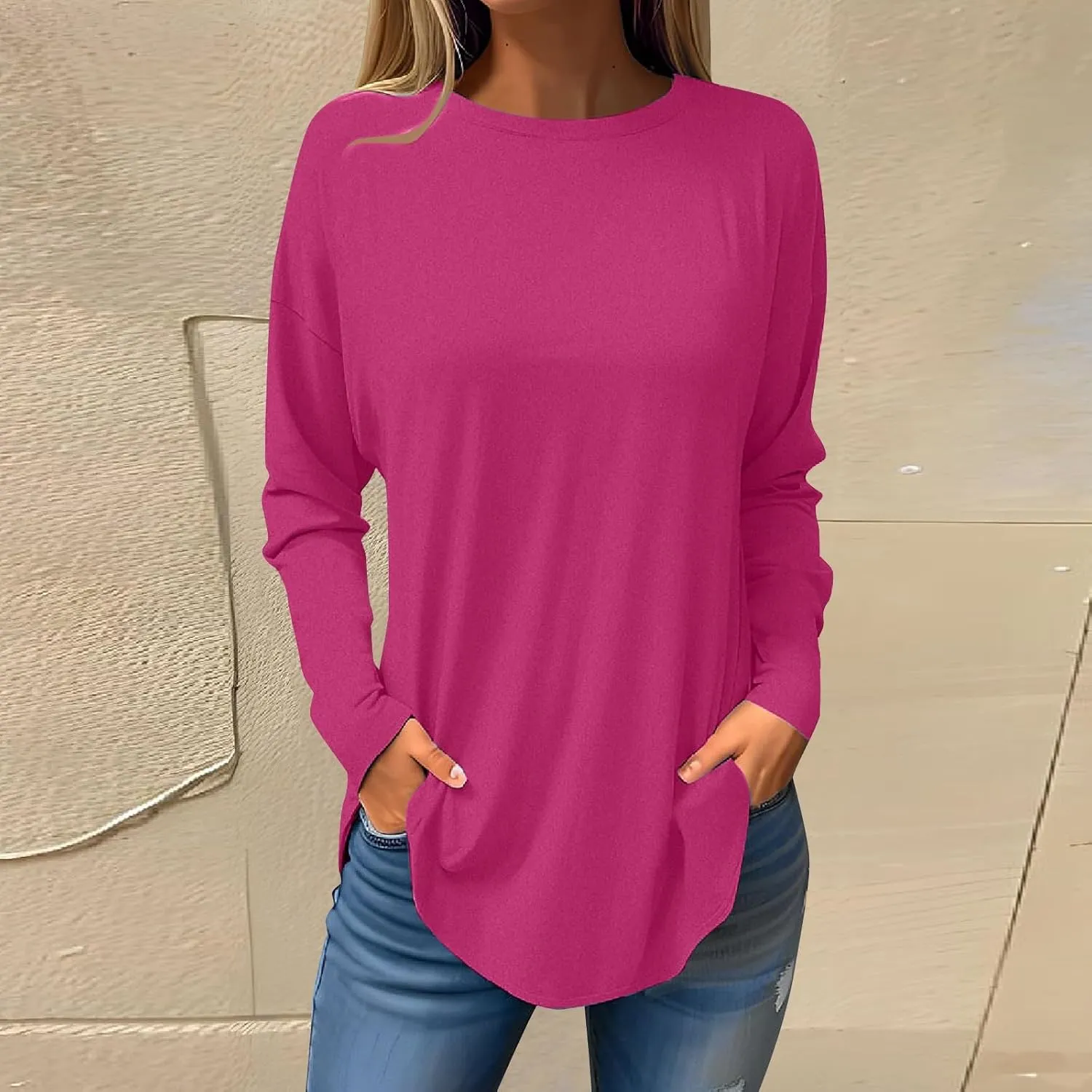 Fall Tops for Women Long Sleeve Round Neck Shirts Basic Tee Casual Top Fall Trendy Tunic Outfits Fitted T Shirts