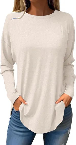 Fall Tops for Women Long Sleeve Round Neck Shirts Basic Tee Casual Top Fall Trendy Tunic Outfits Fitted T Shirts
