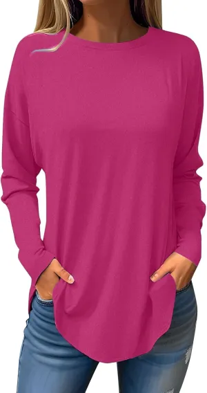 Fall Tops for Women Long Sleeve Round Neck Shirts Basic Tee Casual Top Fall Trendy Tunic Outfits Fitted T Shirts