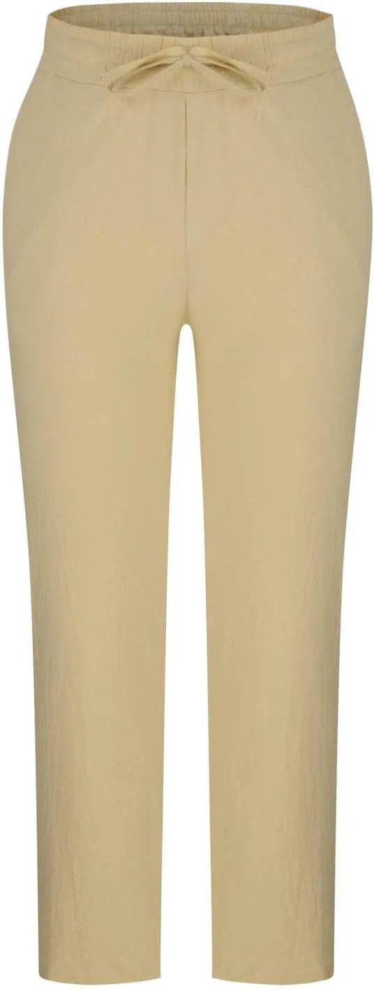 Finelylove Mens Linen Pants Summer Casual Relaxed Fit Lightweight Beach Pants Elastic Waist Straight Yoga Travel Trousers