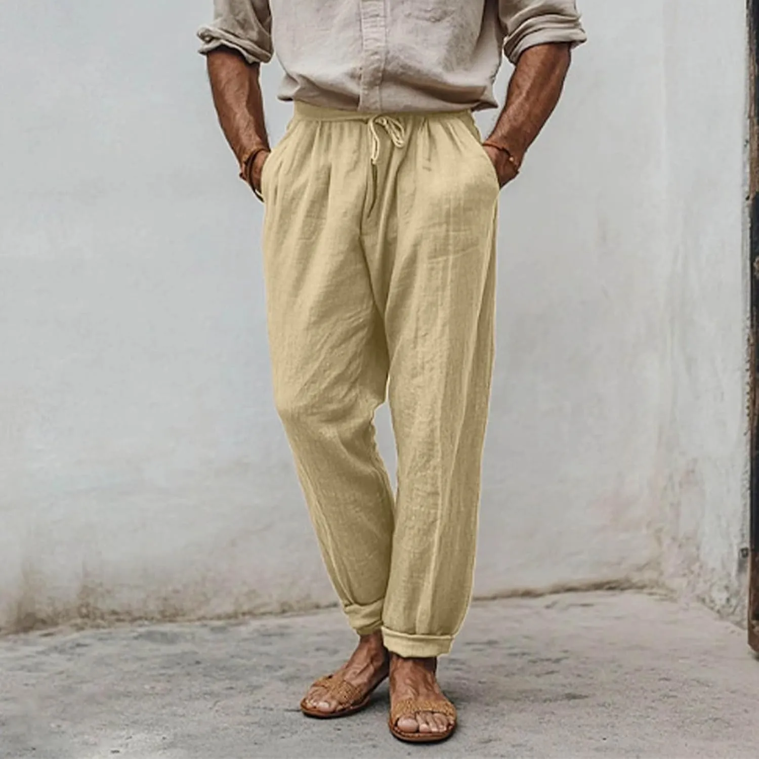 Finelylove Mens Linen Pants Summer Casual Relaxed Fit Lightweight Beach Pants Elastic Waist Straight Yoga Travel Trousers