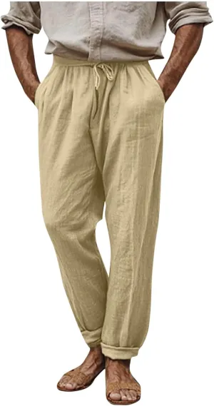 Finelylove Mens Linen Pants Summer Casual Relaxed Fit Lightweight Beach Pants Elastic Waist Straight Yoga Travel Trousers