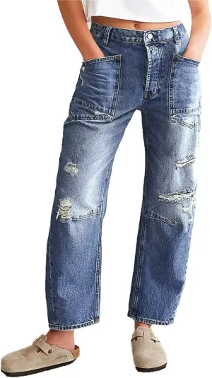 Flamingals Barrel Ripped High Rise Crop Distressed Wide Leg Boyfriend Jeans