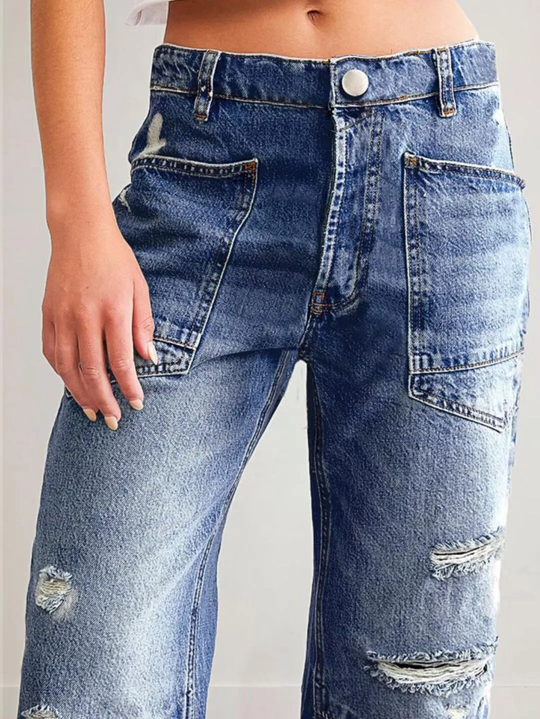 Flamingals Barrel Ripped High Rise Crop Distressed Wide Leg Boyfriend Jeans
