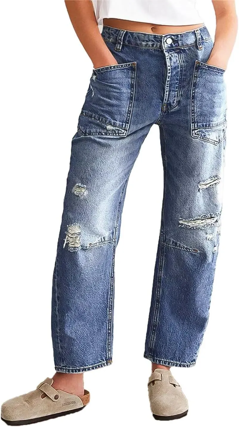 Flamingals Barrel Ripped High Rise Crop Distressed Wide Leg Boyfriend Jeans