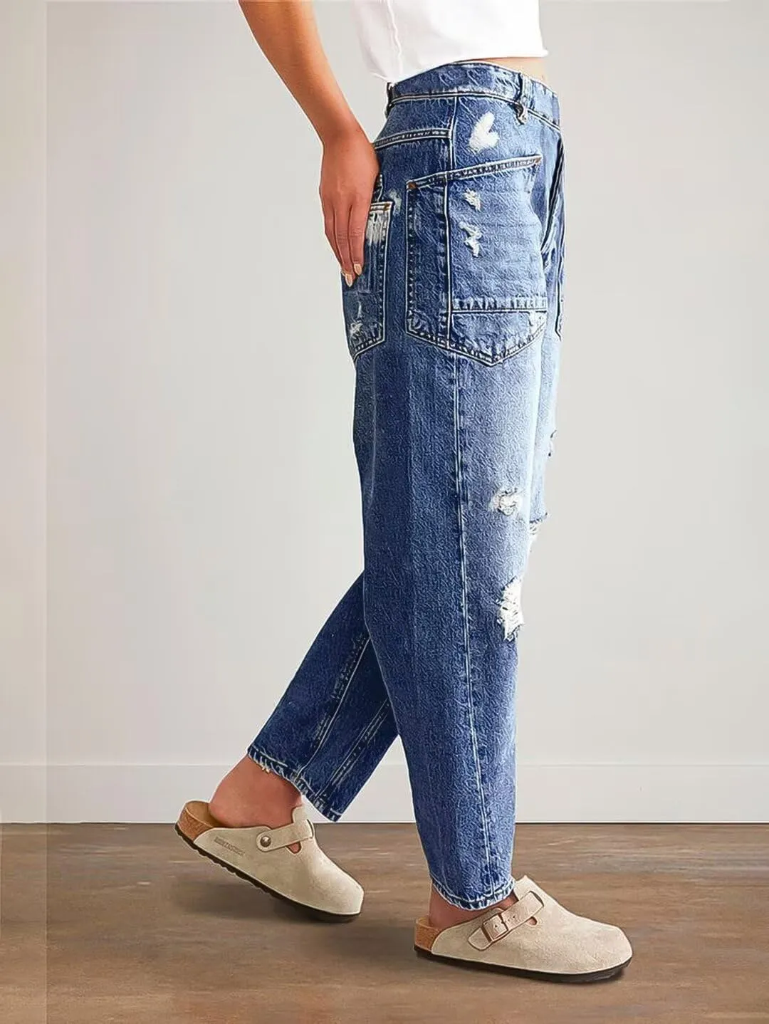 Flamingals Barrel Ripped High Rise Crop Distressed Wide Leg Boyfriend Jeans