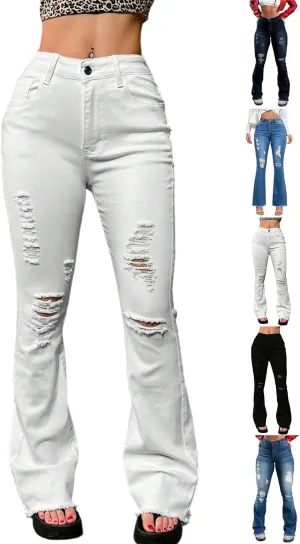 Flare Ripped Jeans Womens Bell Bottom Distressed Jeans Skinny Bootcut Pants High Waisted Denim Pants with Pockets