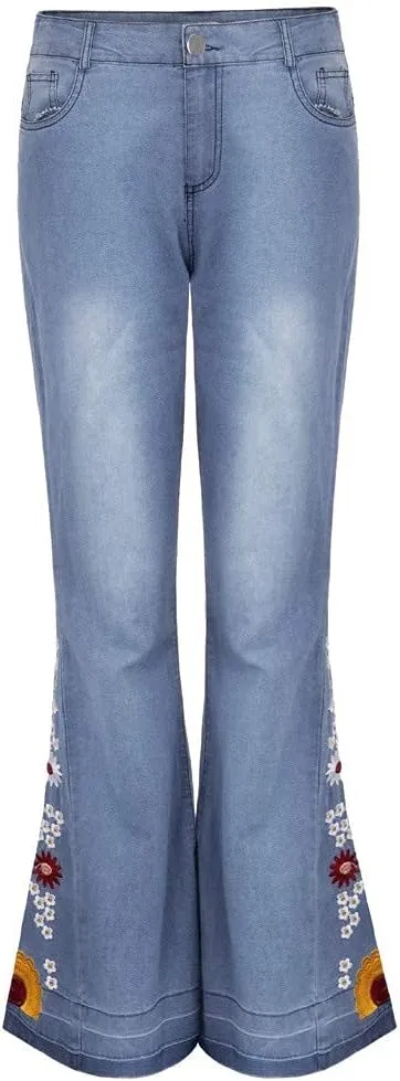 Flared Jeans for Women 70s High Waisted Jeans Lightweight Denim Embroidered Pants Bootcut Bell Bottom Jeans
