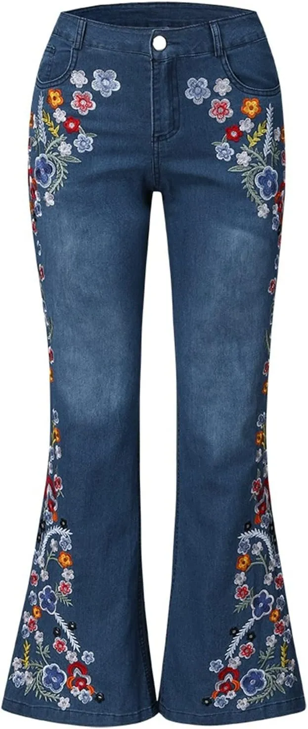 Flared Jeans for Women 70s High Waisted Jeans Lightweight Denim Embroidered Pants Bootcut Bell Bottom Jeans