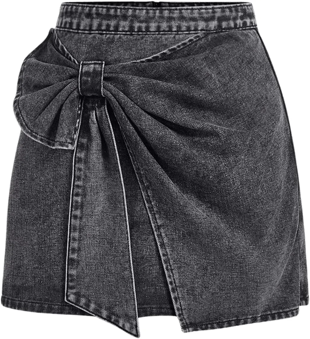 Floerns Women's High Waisted Big Bow Wrap Front Mini Bodycon Denim Skirts