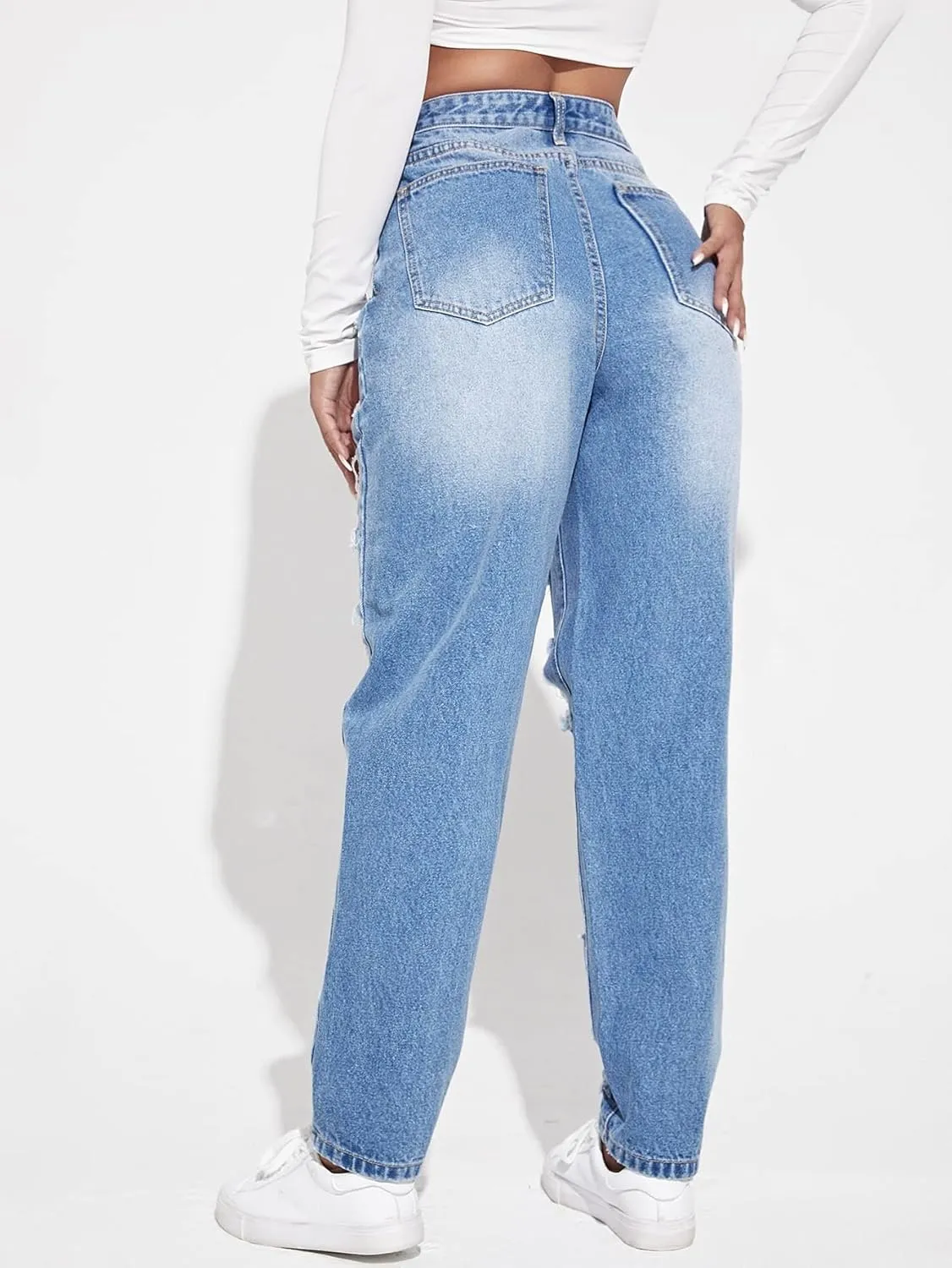Floerns Women's Ripped High Waist Boyfriend Jeans Distressed Stretchy Denim Pants