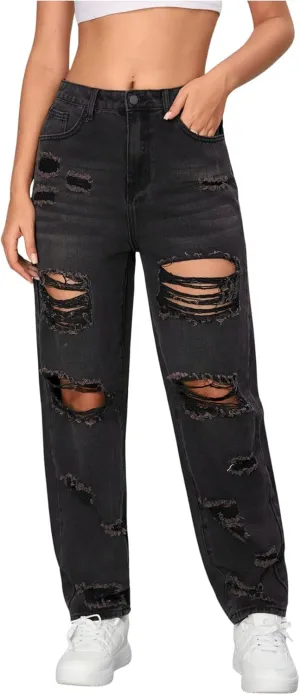 Floerns Women's Ripped High Waist Boyfriend Jeans Distressed Stretchy Denim Pants