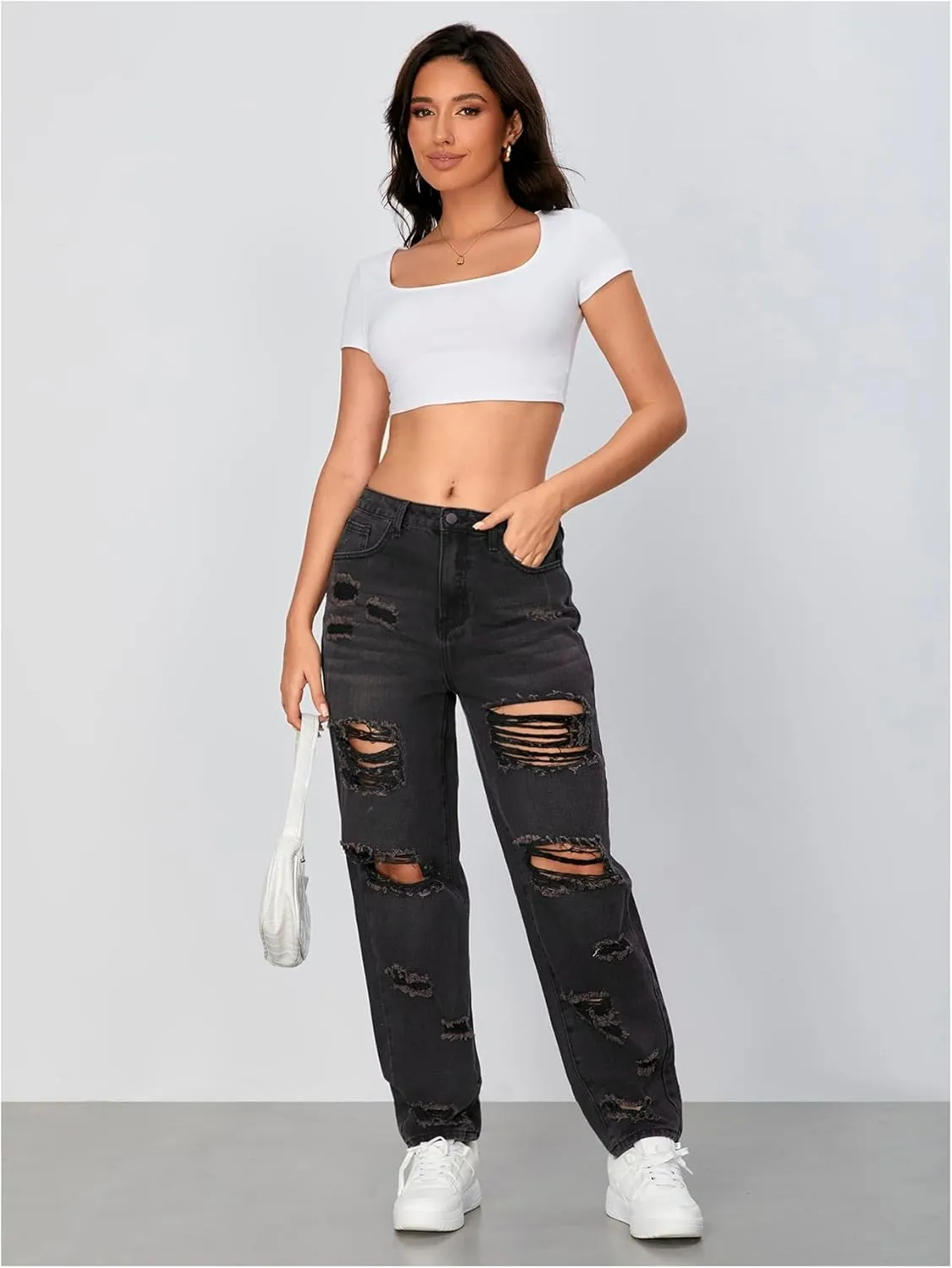 Floerns Women's Ripped High Waist Boyfriend Jeans Distressed Stretchy Denim Pants