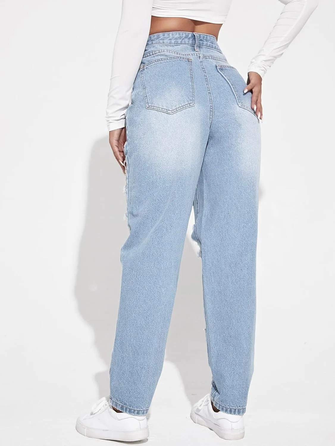 Floerns Women's Ripped High Waist Boyfriend Jeans Distressed Stretchy Denim Pants