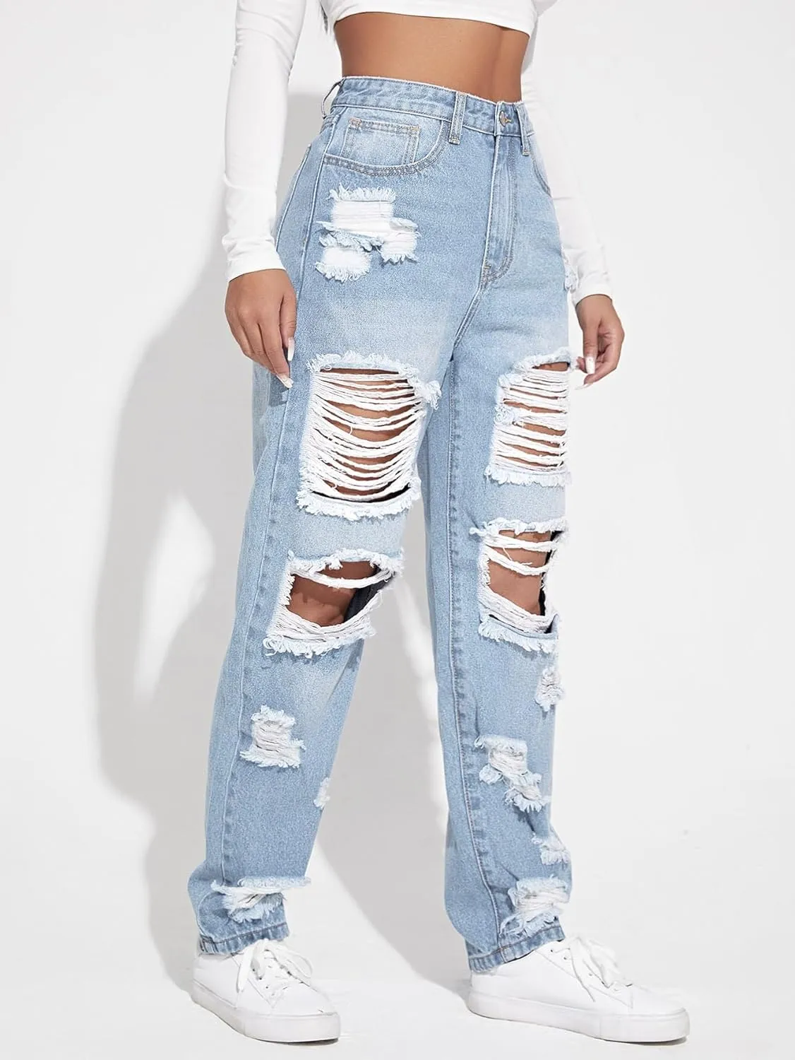 Floerns Women's Ripped High Waist Boyfriend Jeans Distressed Stretchy Denim Pants