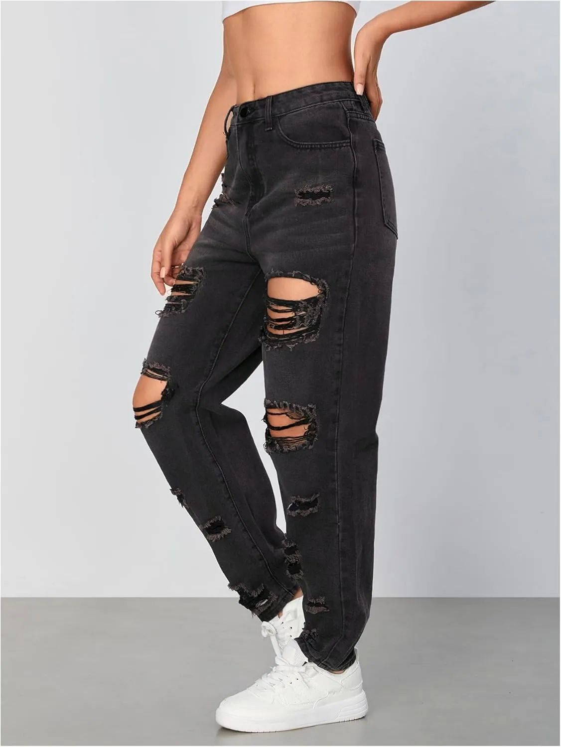 Floerns Women's Ripped High Waist Boyfriend Jeans Distressed Stretchy Denim Pants