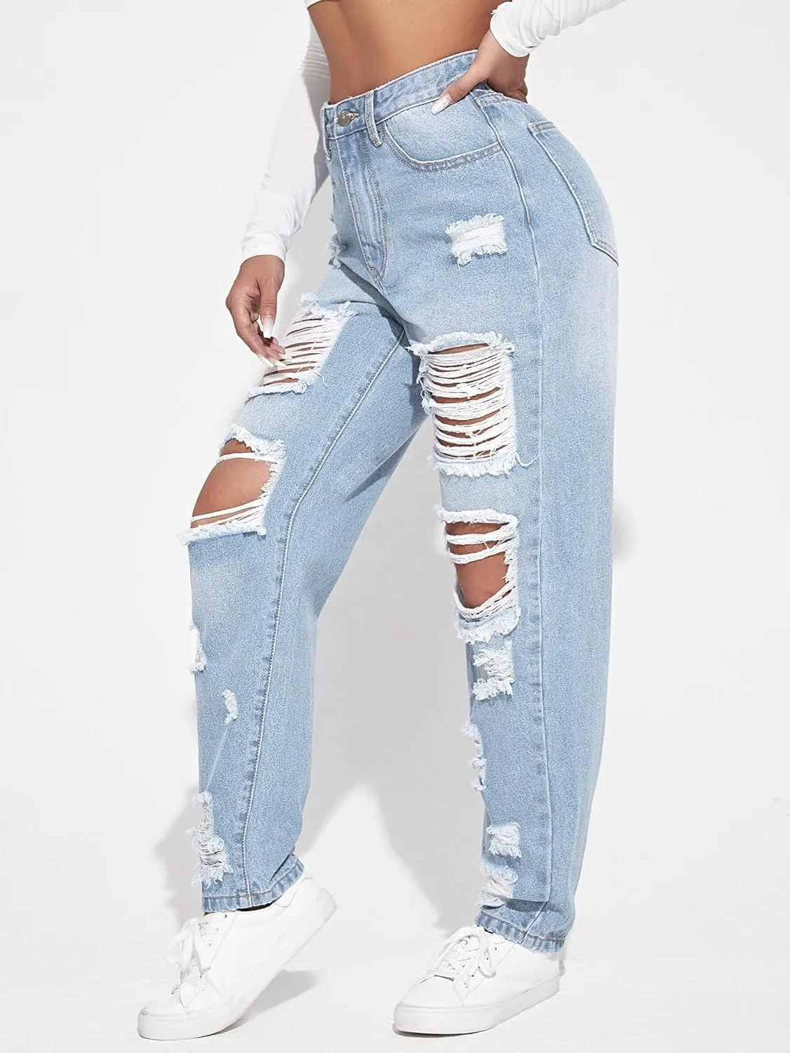 Floerns Women's Ripped High Waist Boyfriend Jeans Distressed Stretchy Denim Pants
