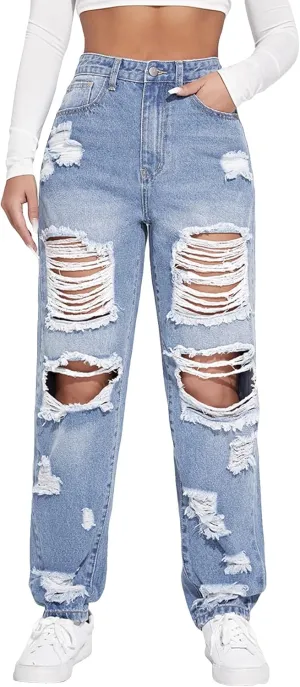 Floerns Women's Ripped High Waist Boyfriend Jeans Distressed Stretchy Denim Pants