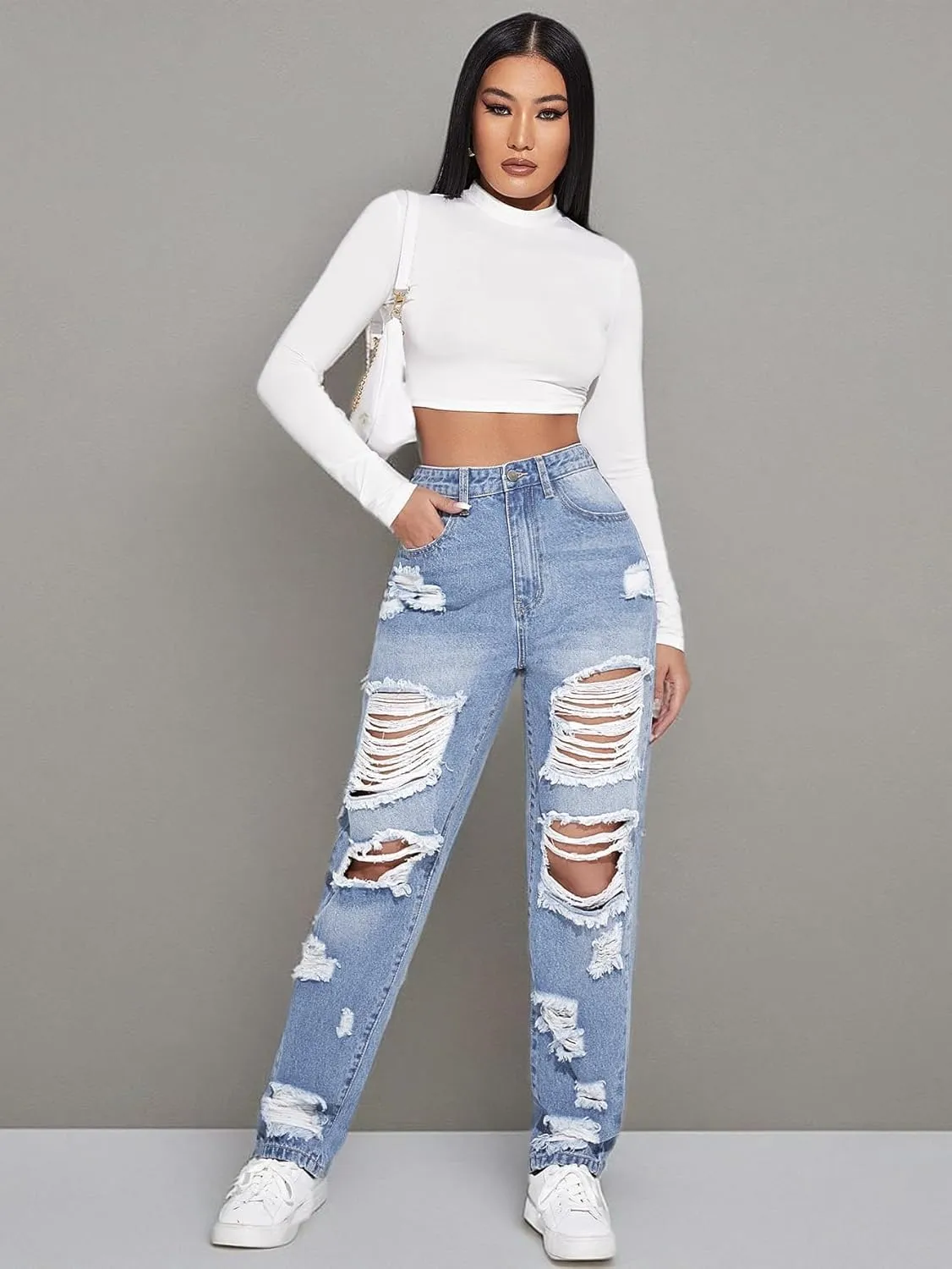 Floerns Women's Ripped High Waist Boyfriend Jeans Distressed Stretchy Denim Pants