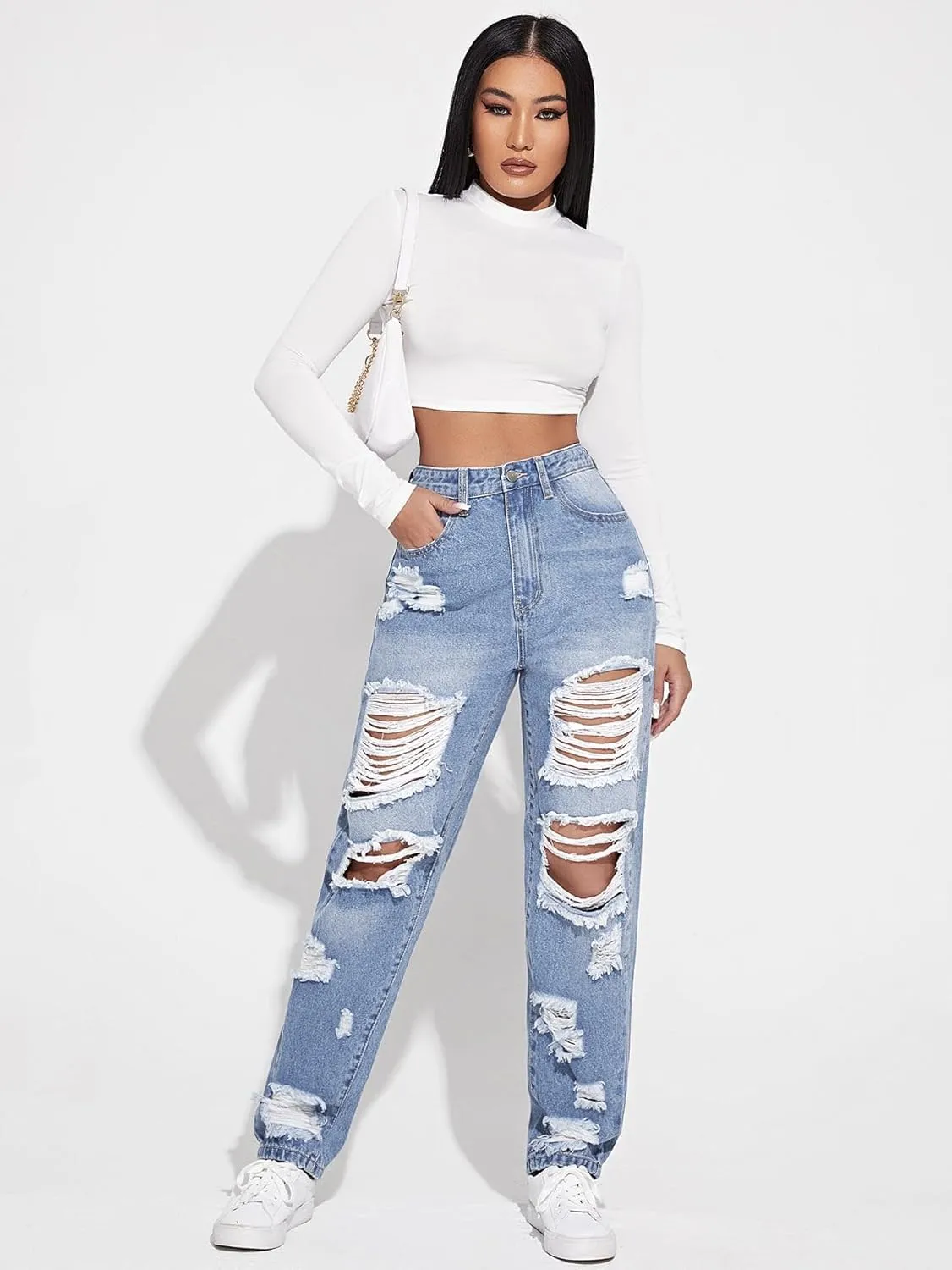 Floerns Women's Ripped High Waist Boyfriend Jeans Distressed Stretchy Denim Pants