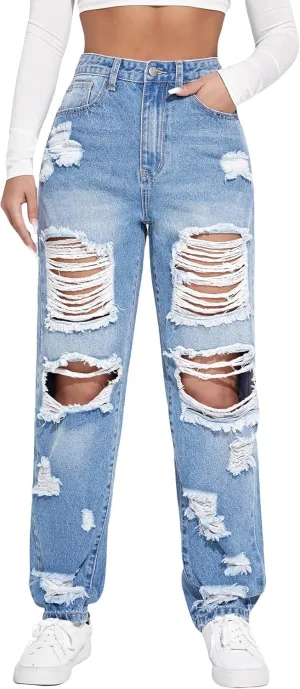 Floerns Women's Ripped High Waist Boyfriend Jeans Distressed Stretchy Denim Pants