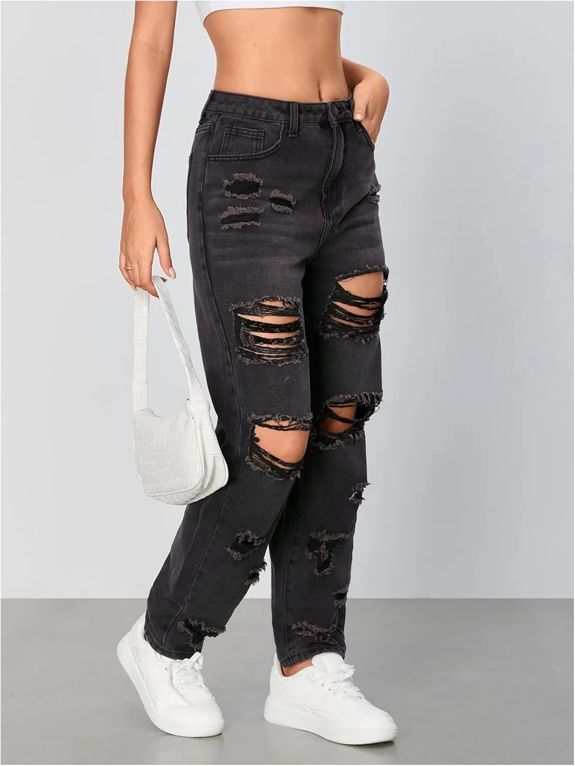 Floerns Women's Ripped High Waist Boyfriend Jeans Distressed Stretchy Denim Pants