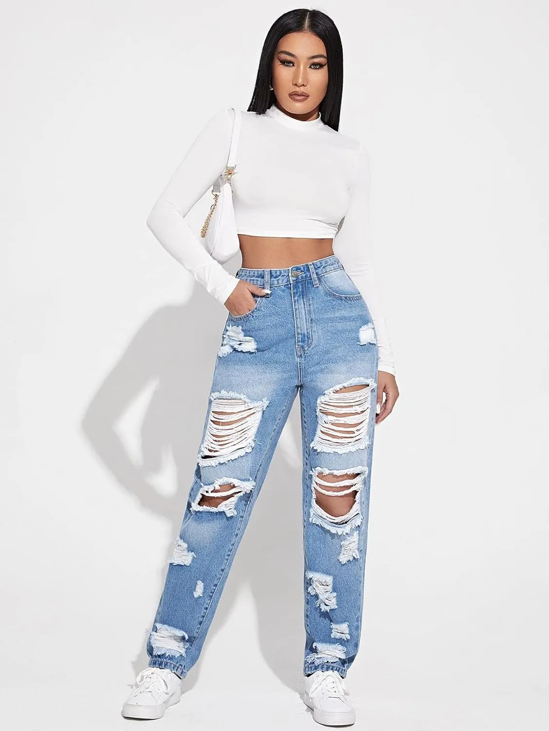 Floerns Women's Ripped High Waist Boyfriend Jeans Distressed Stretchy Denim Pants