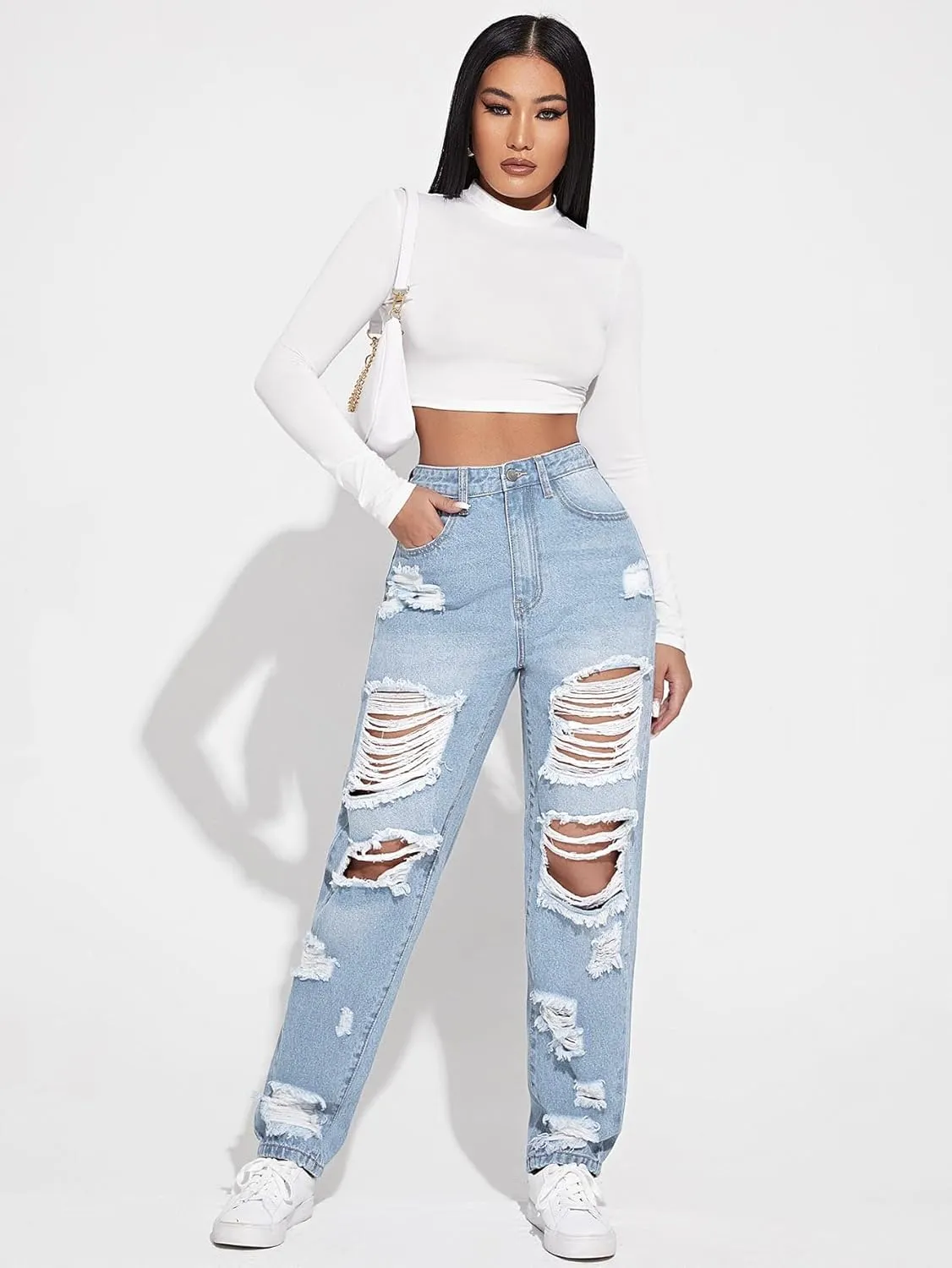 Floerns Women's Ripped High Waist Boyfriend Jeans Distressed Stretchy Denim Pants