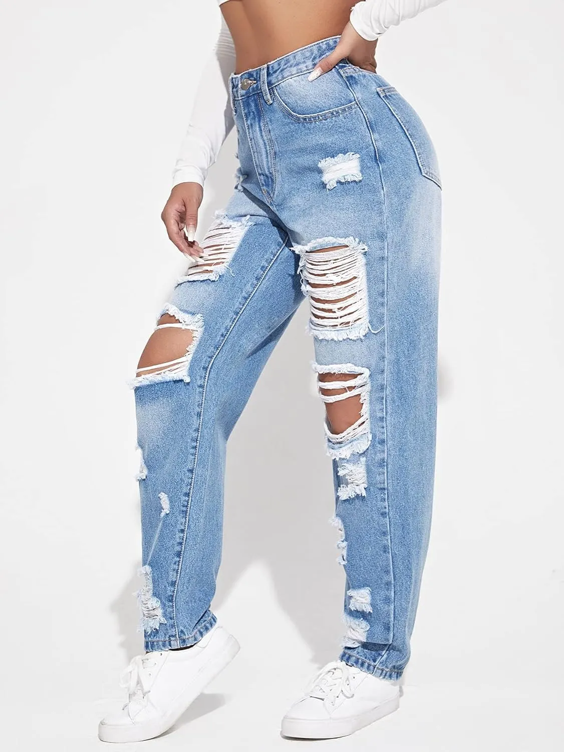 Floerns Women's Ripped High Waist Boyfriend Jeans Distressed Stretchy Denim Pants